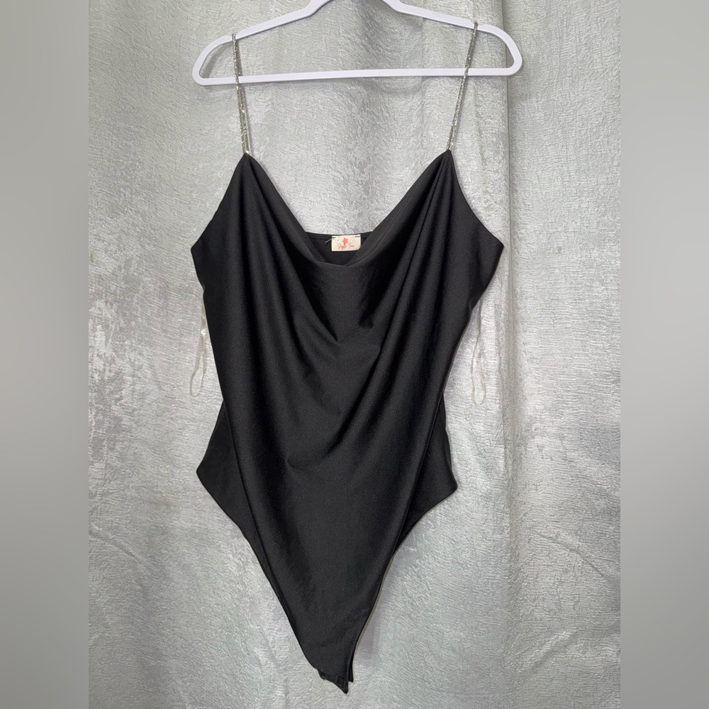 Black Draped Bodysuit with Silver Straps